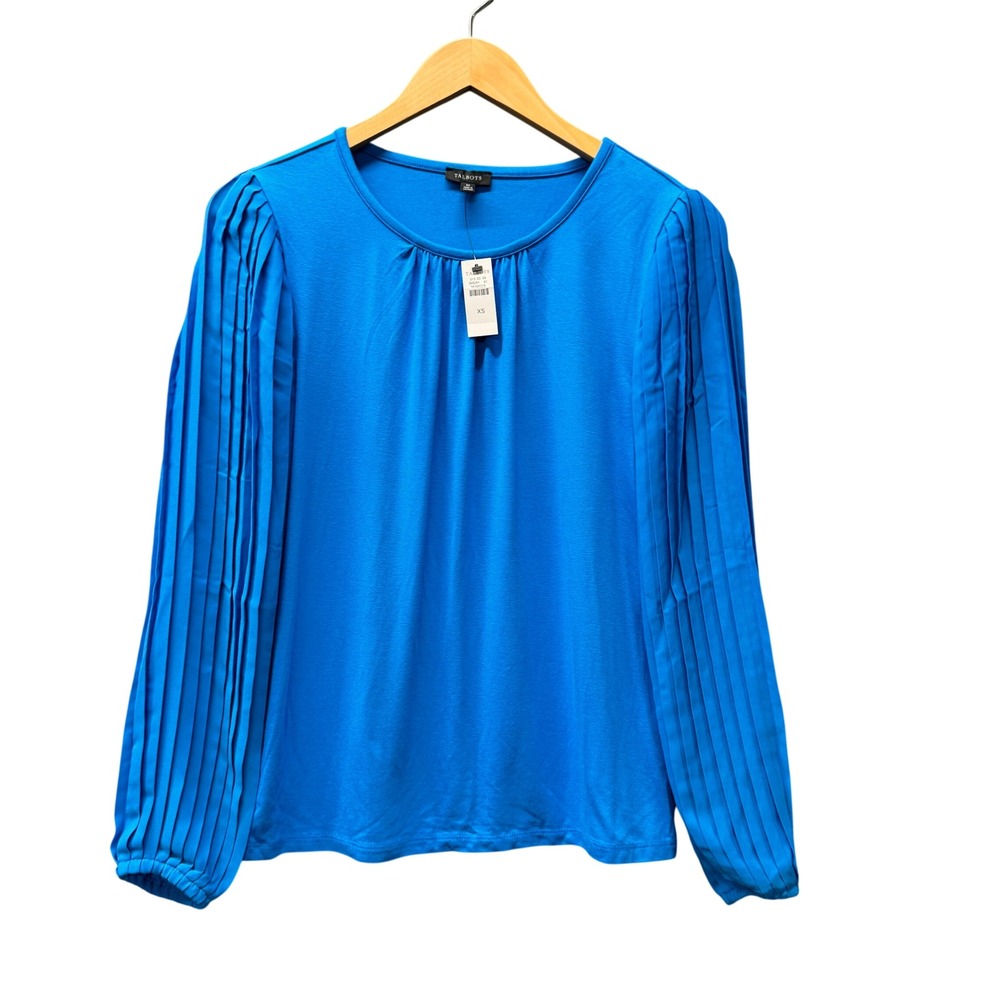 Talbots Top Womens XS Pleated Sleeve Crewneck Coastal Blue Casual Shirt NEW